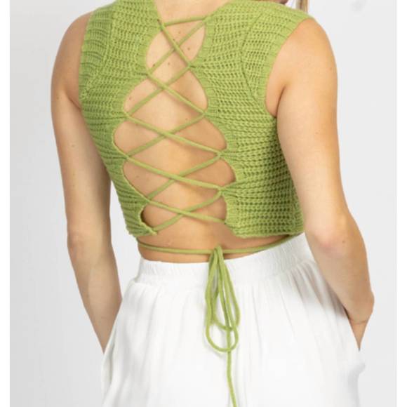 NEW POLAGRAM knit cross-tie back crop top in pistachio green - Picture 7 of 7